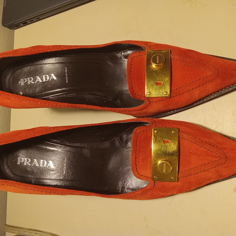 Prada Orange Kitten Heels with Gold Accents